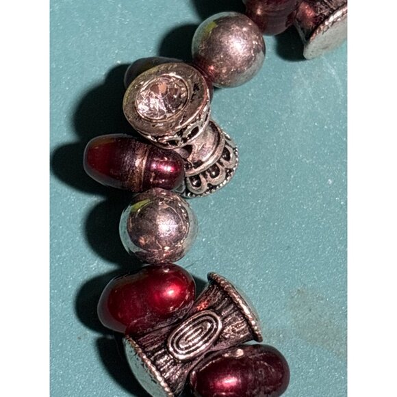 Handcrafted Beaded Bracelet Silver-Tone Charms Red Baroque Pearls Toggle Clasp - Picture 2 of 6